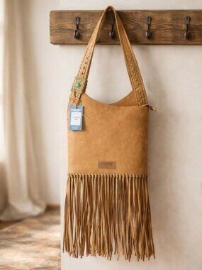 Wrangler Turquoise Stone Concho Fringe Hobo Bag Brown NWT Western Hippie
